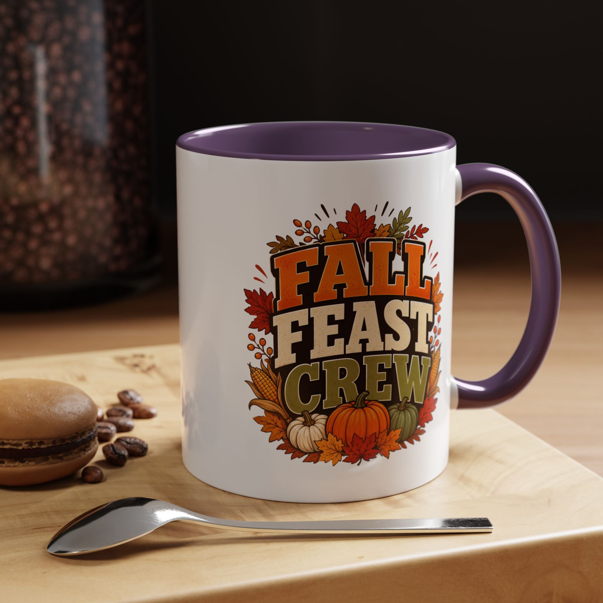 Thanksgiving Mug Fall Feast Crew Coffee Mug — Thanksgiving Pumpkin Autumn Leaves Accent Mug