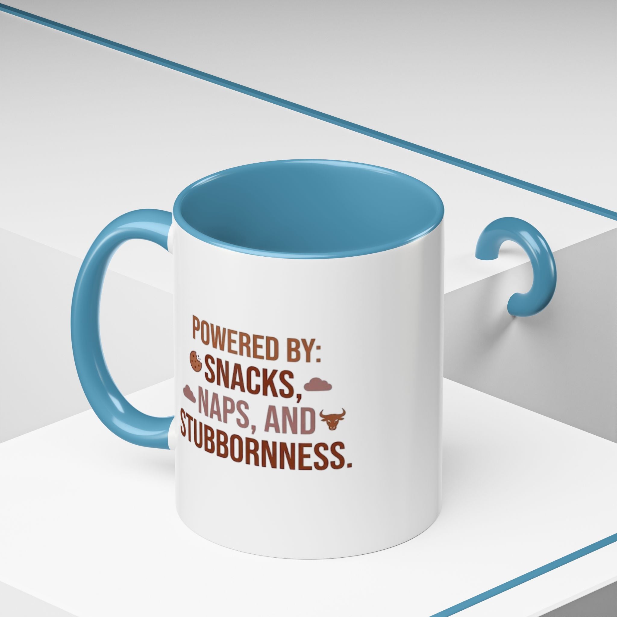 Coffee Mug — "Powered by: Snacks, Naps, and Stubbornness" Ceramic Accent Mug
