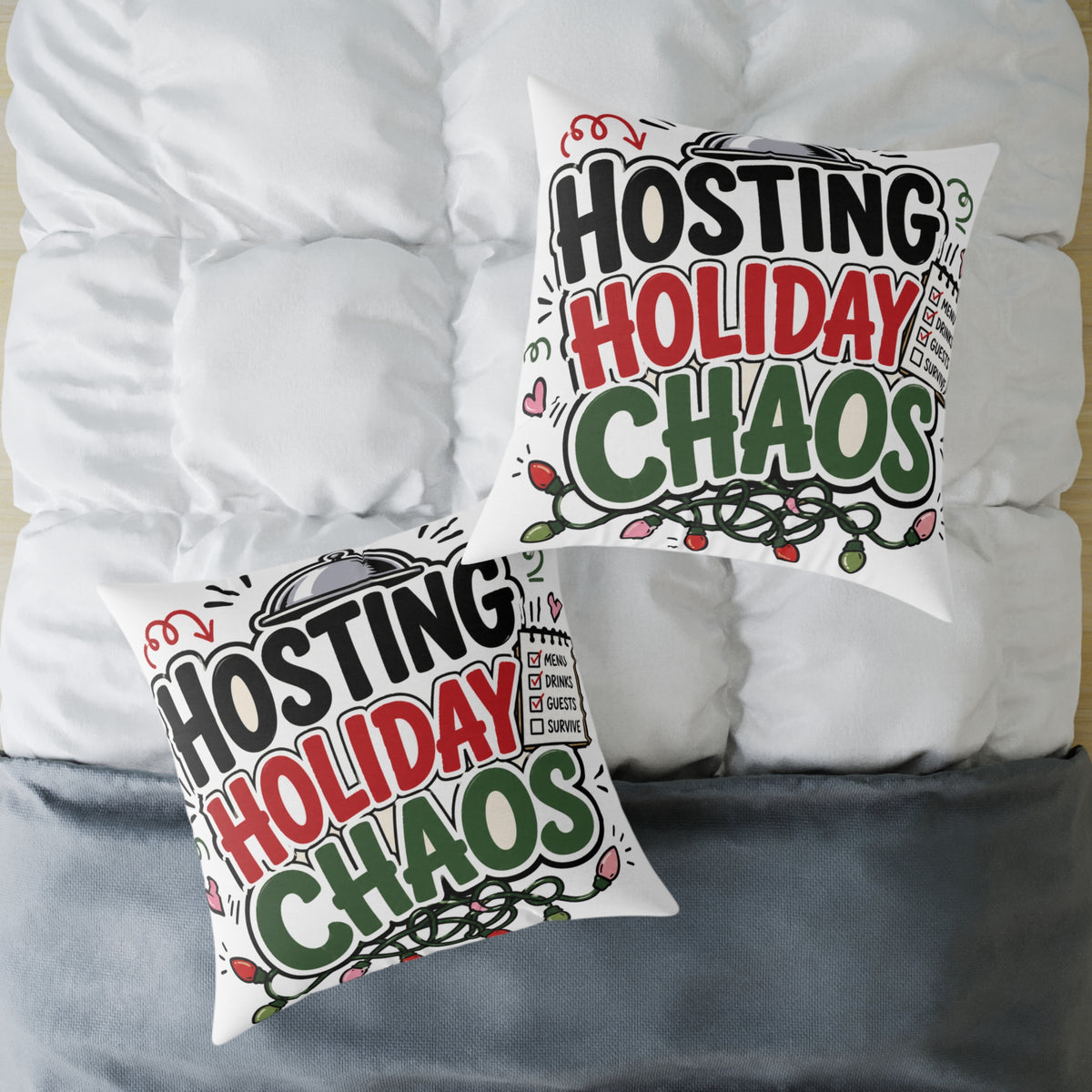 Modern Day Christmas Hosting Holiday Chaos Square Poly Canvas Pillow