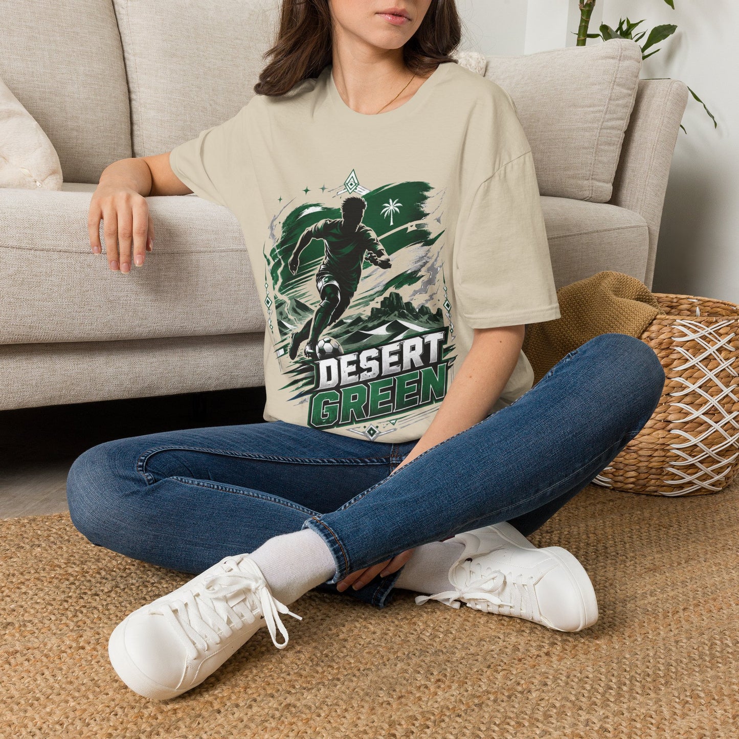 Saudi Arabia Desert Green Soccer T-Shirt — Silhouette Player Graphic