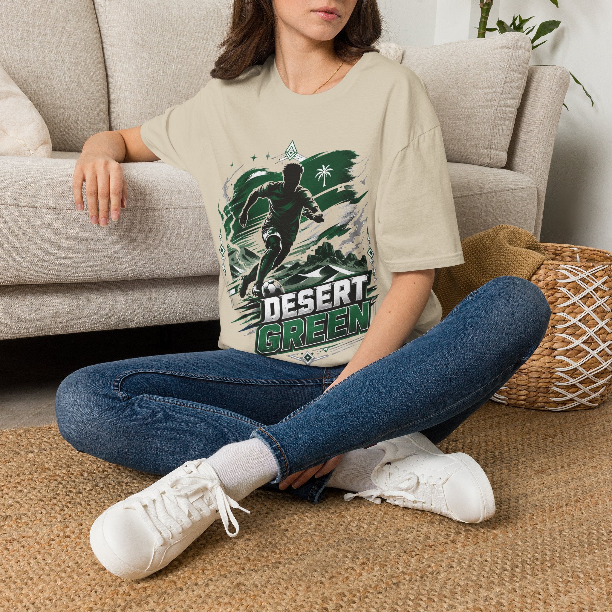 Saudi Arabia Desert Green Soccer T-Shirt — Silhouette Player Graphic