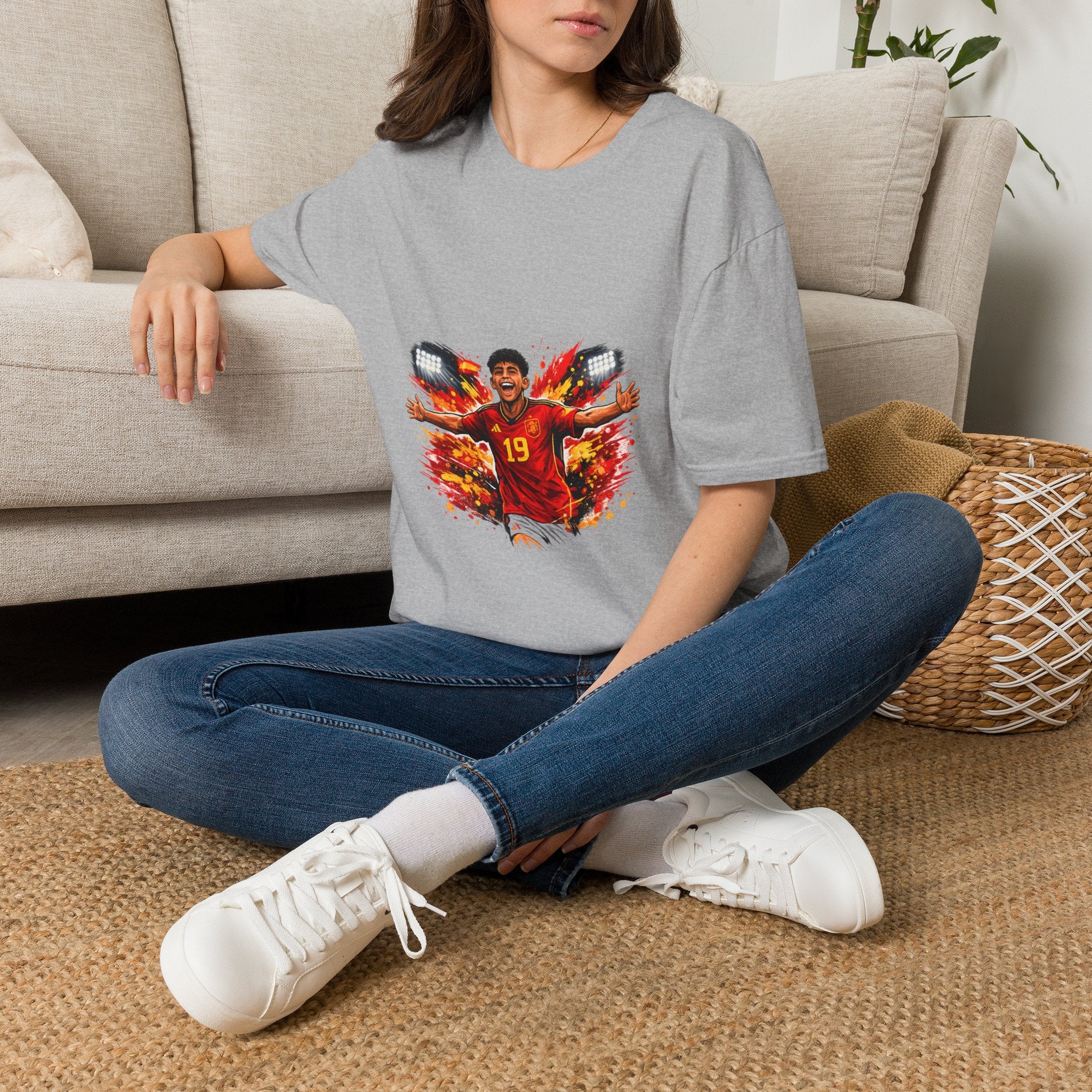 Spain Soccer Fan Portrait T‑Shirt – Fiery Goal Celebration Design
