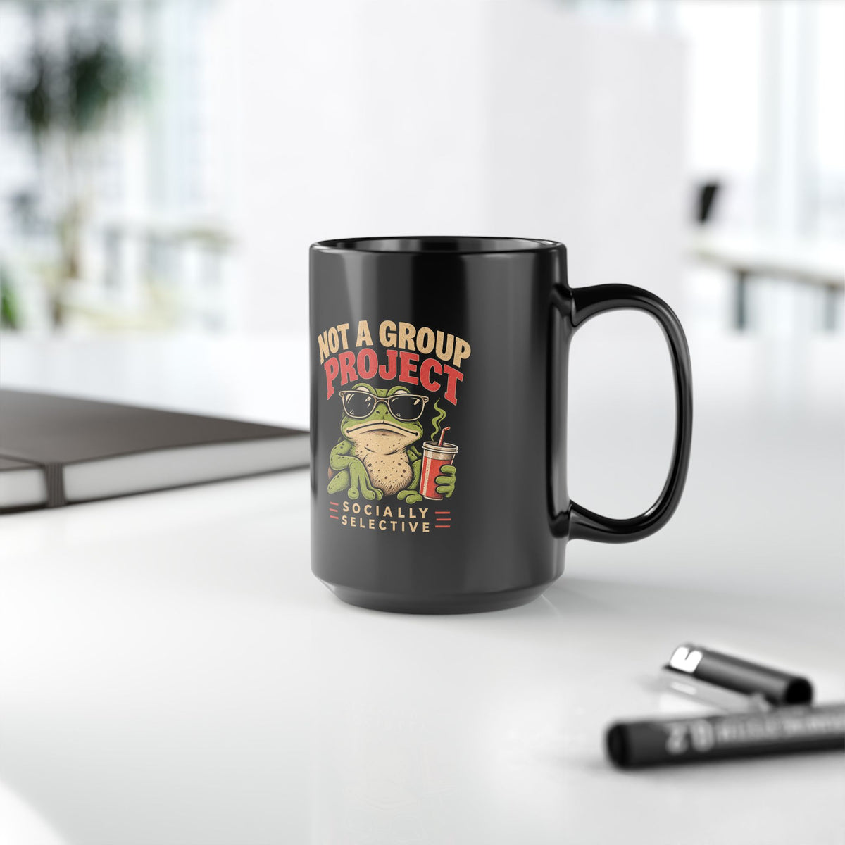 Funny Frog Coffee Mug — "Not a Group Project, Socially Selective" Black Ceramic Mug