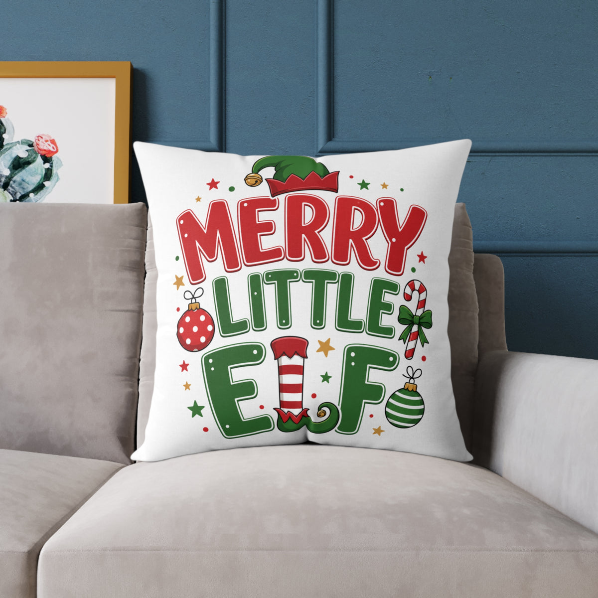 Christmas Merry Little Elf Square Pillow — Festive Christmas Holiday Decorative Cushion