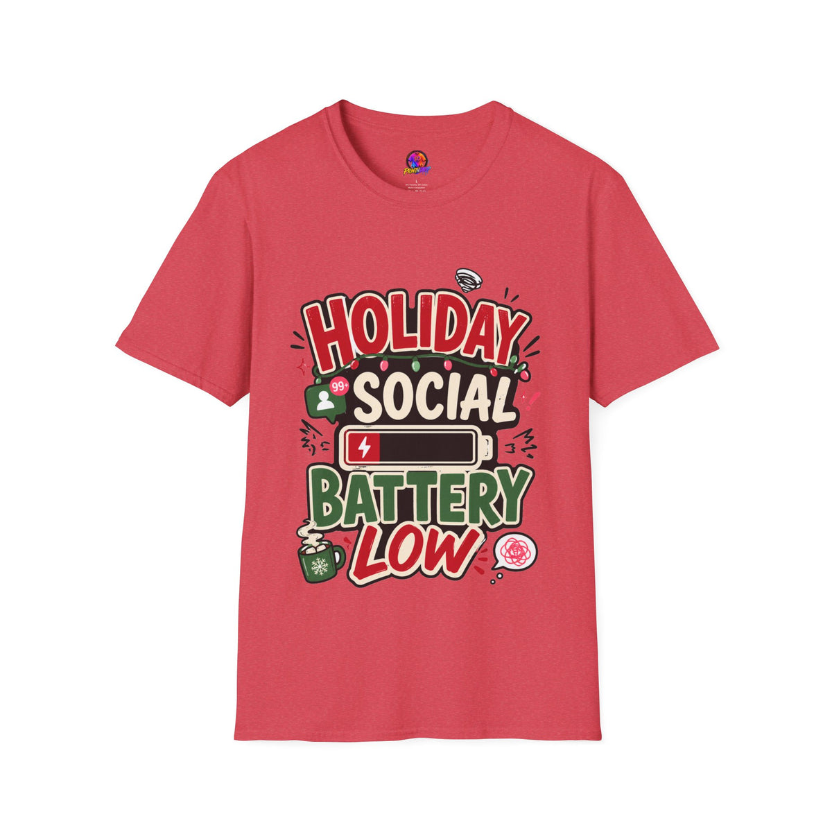 Holiday Social "Battery Low" T‑Shirt — Funny Festive Party Tee for Introverts & Holiday Gatherings