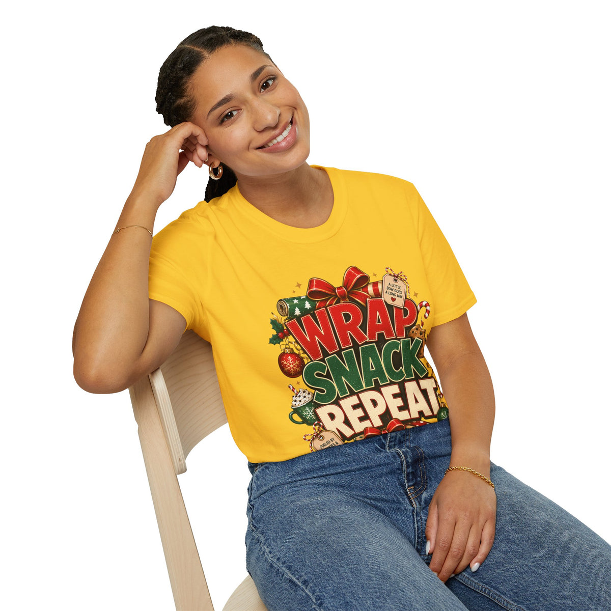 T-Shirt — "Wrap Snack Repeat" Christmas Graphic Tee