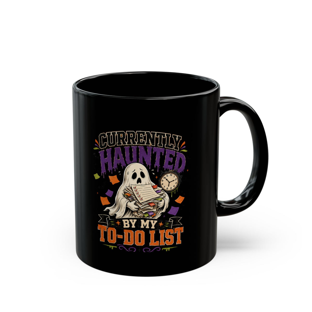 Halloween Currently Haunted by My To-Do List Black Coffee Mug — Halloween Ghost Desk Gift
