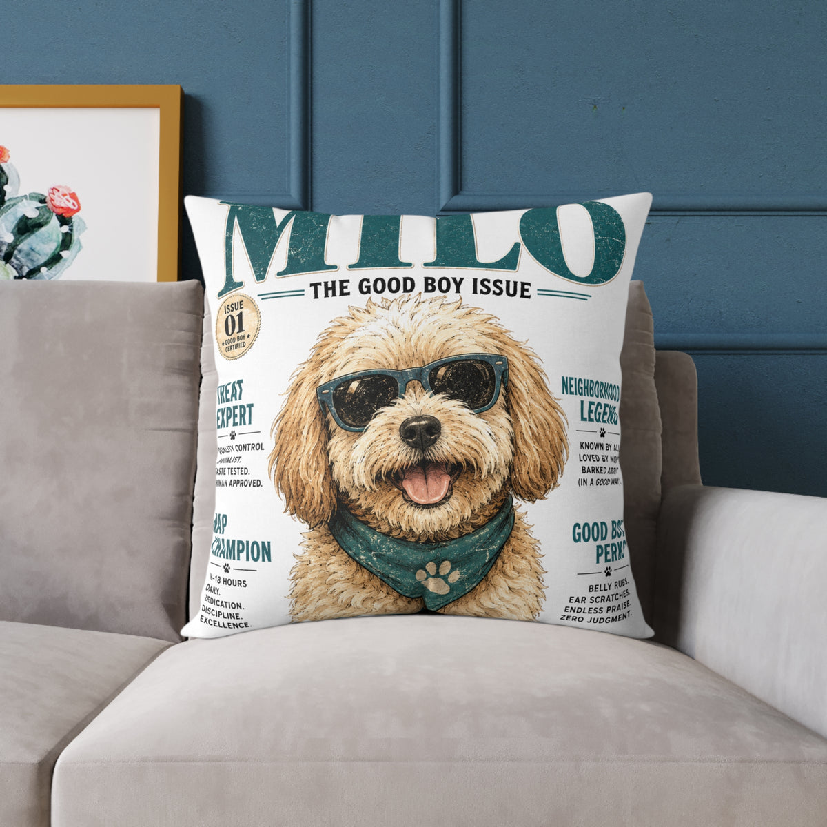 Milo 'The Good Boy Issue' Square Throw Pillow - Milo Bailey Dog Dad Mom Cute Dog Magazine Cover Decor