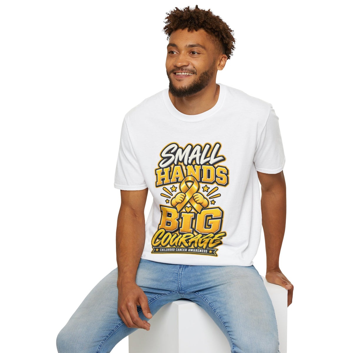 Children's Cancer Awareness T-Shirt — "Small Hands Big Courage" Yellow Ribbon
