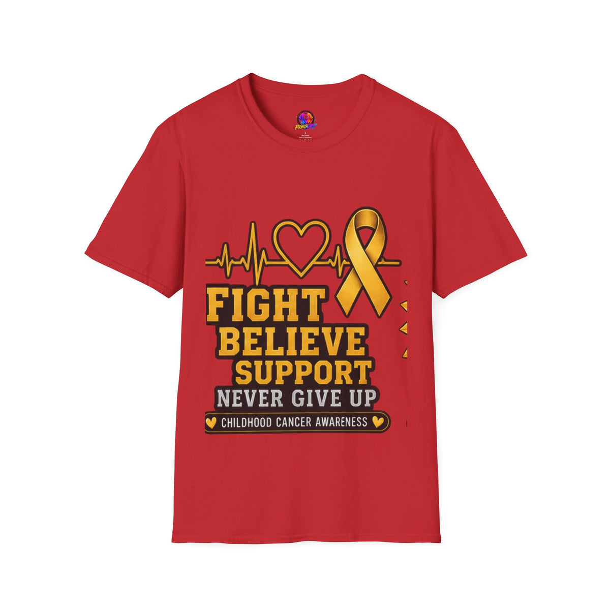 Childhood Cancer Awareness T-Shirt – "Fight Believe Support Never Give Up" Gold Ribbon Tee