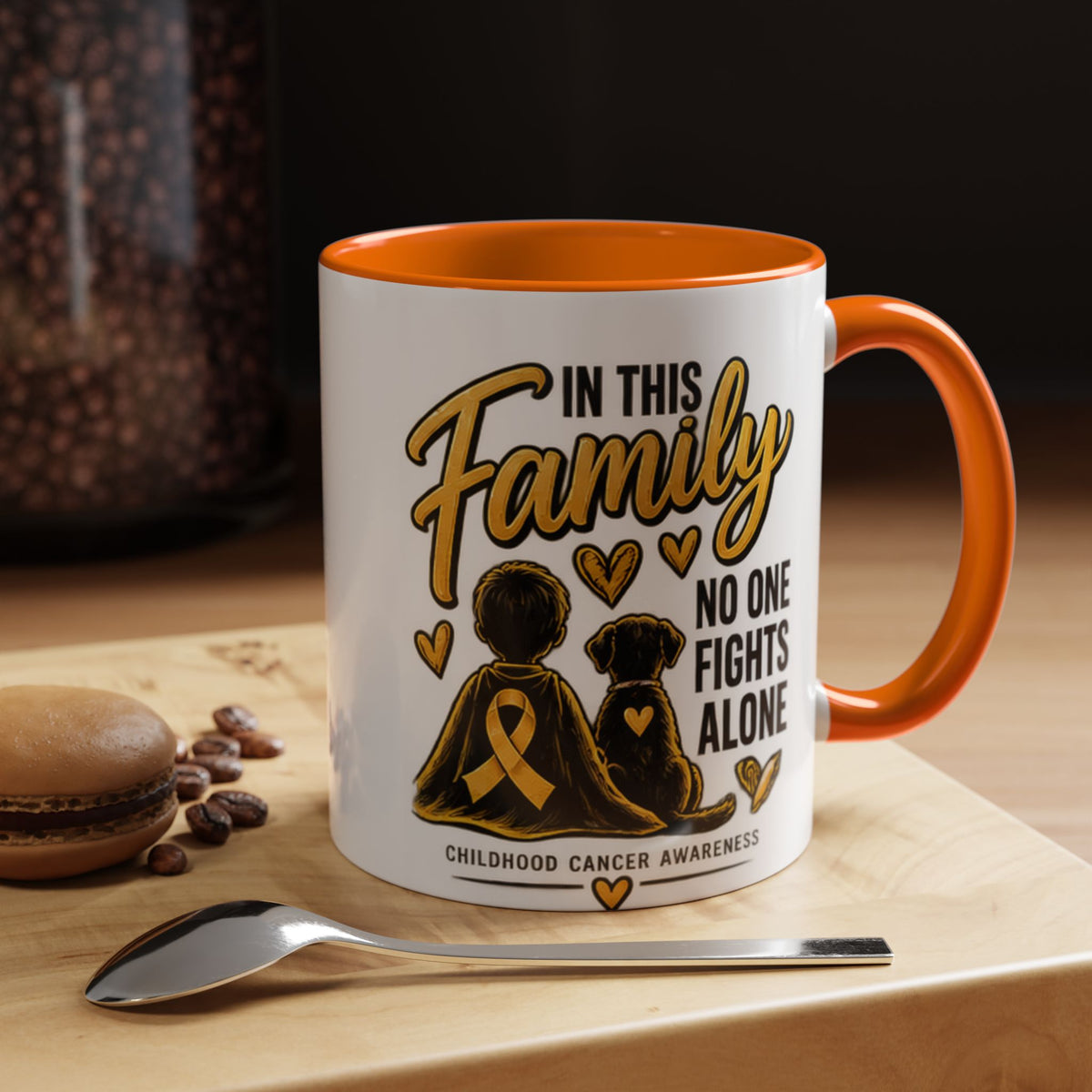 Childhood Cancer Awareness Accent Coffee Mug – "In This Family No One Fights Alone" (11/15oz)