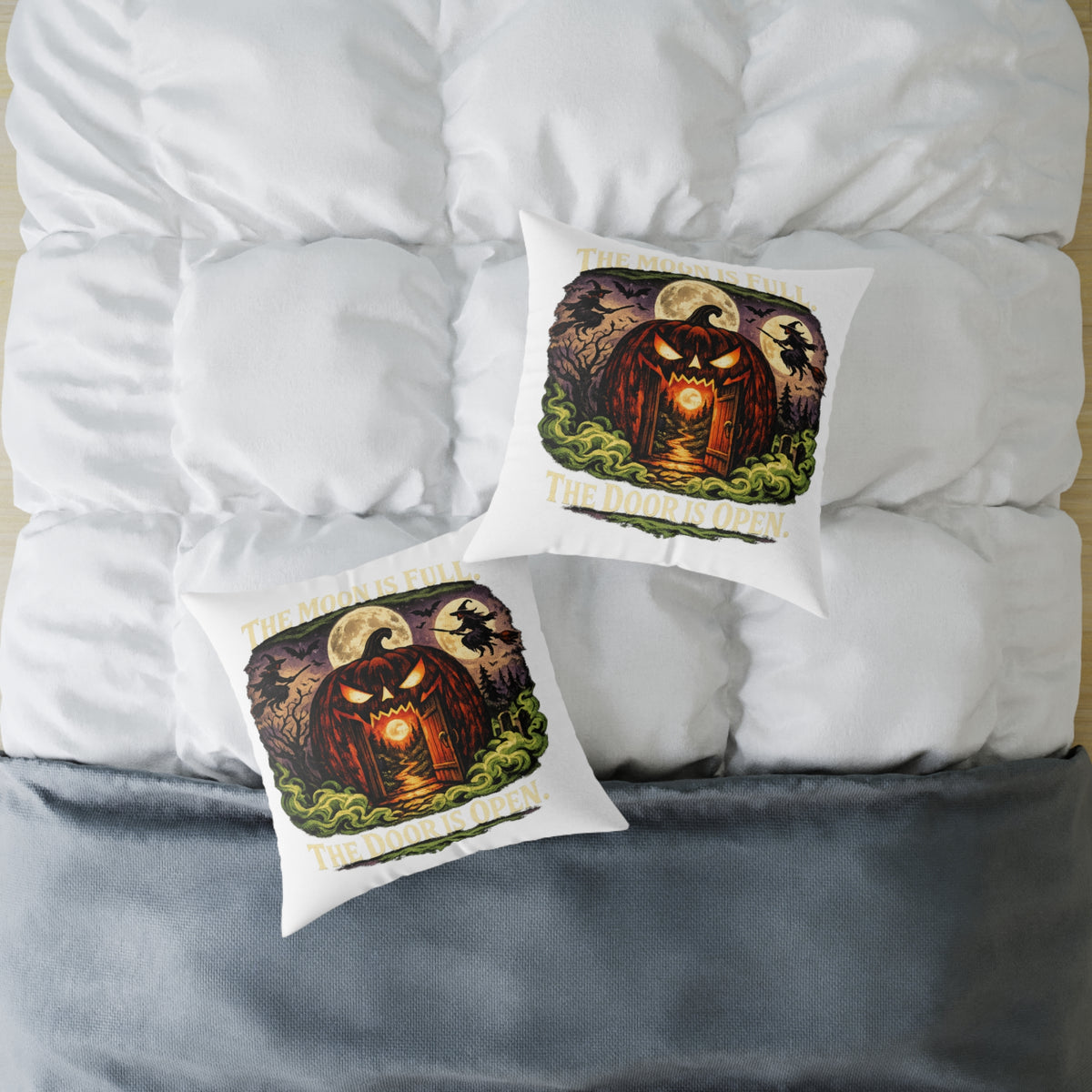 Halloween Pumpkin Doorway Square Pillow — Spooky Haunted House Decorative Throw Pillow