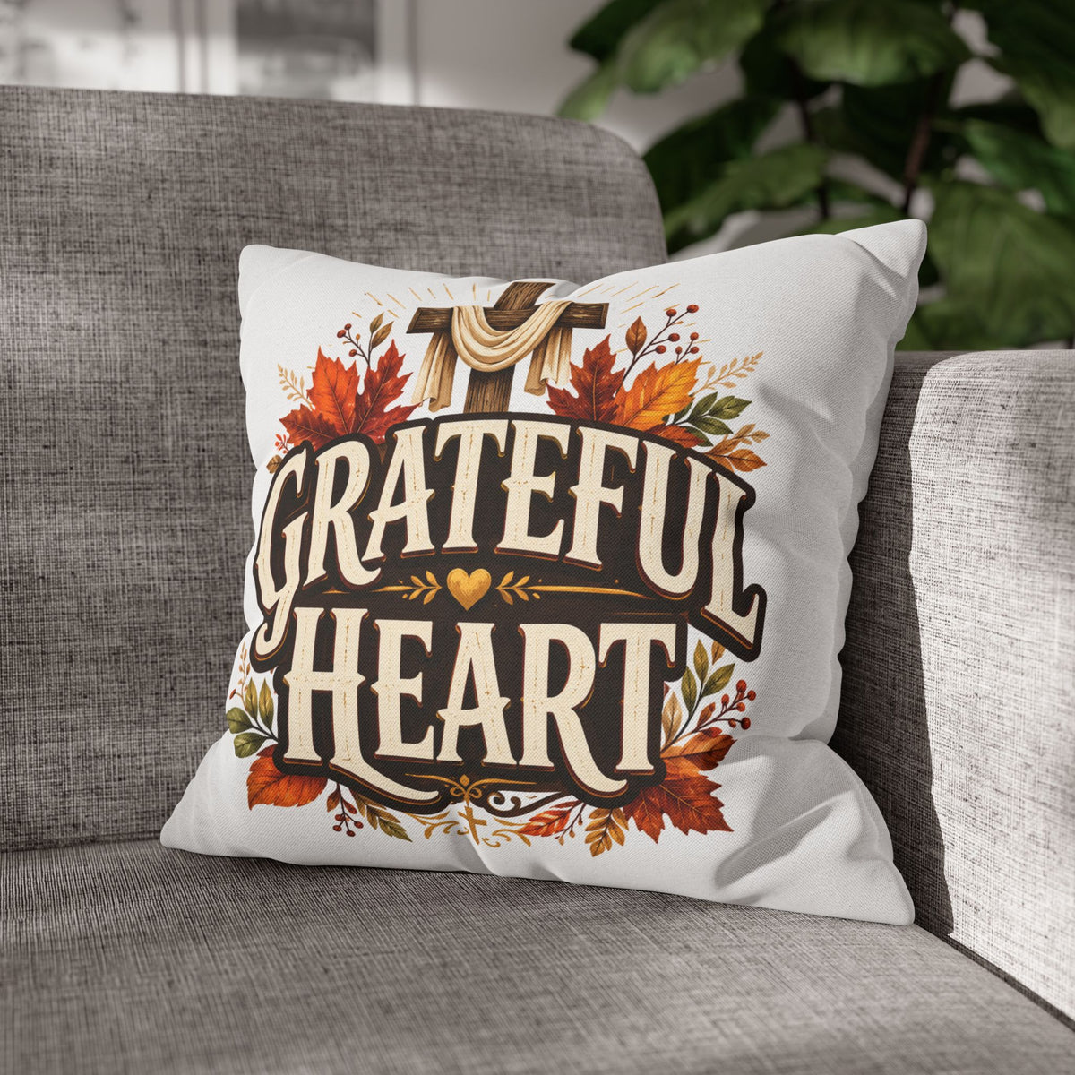 Thanksgiving Grateful Heart Throw Pillow — Autumn Cross Faith Decorative Pillowcase