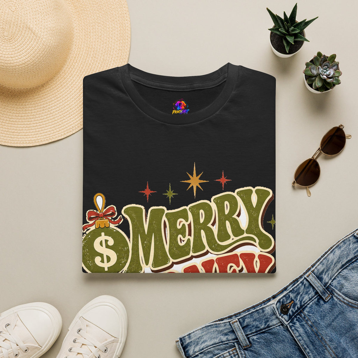 Merry Money Mood T‑Shirt — Retro Holiday Graphic Tee