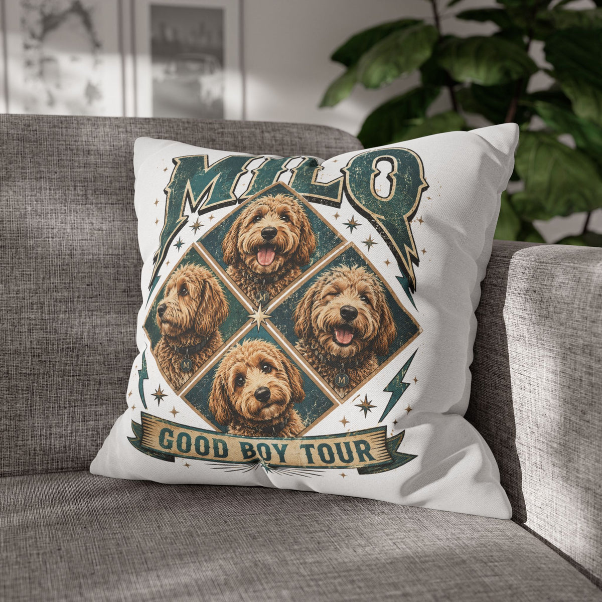 Milo “Good Boy Tour” Dog Photo Square Pillowcase Milo Bailey Dog Dad Mom