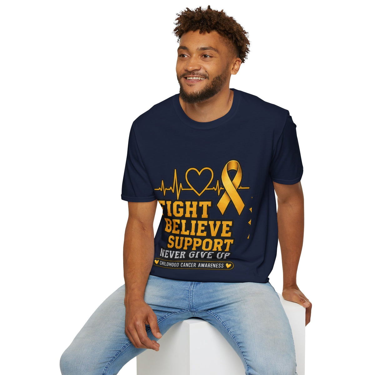Childhood Cancer Awareness T-Shirt – "Fight Believe Support Never Give Up" Gold Ribbon Tee