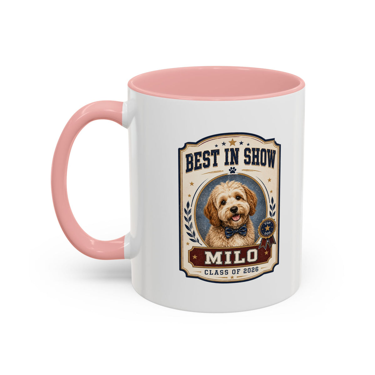 Milo Bailey Dog Dad Mom Best in Show Personalized Dog Mug — "Milo" Class of 2028 Accent Coffee Mug
