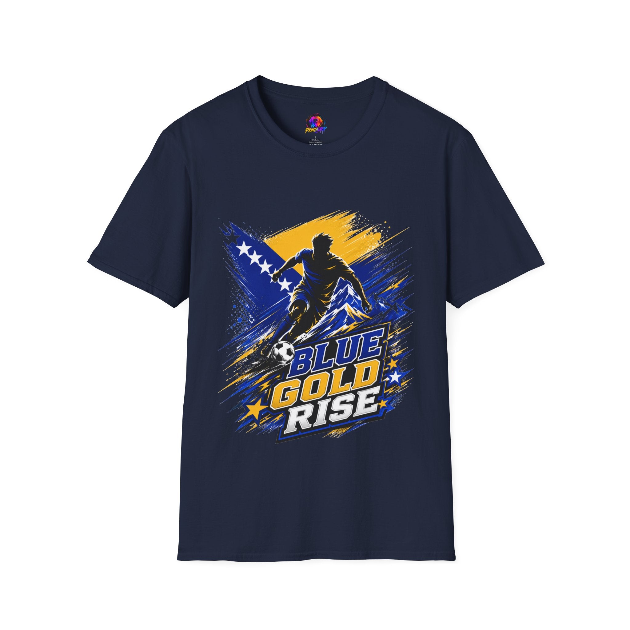 Bosnia Football T‑Shirt - "Blue Gold Rise" Soccer Graphic Tee