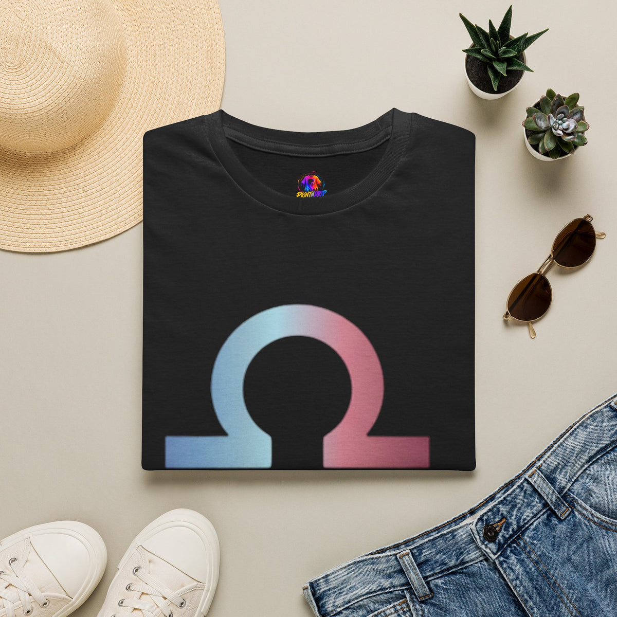 Libra Zodiac Omega Symbol T‑Shirt — Pastel Gradient Drip Graphic Shirt