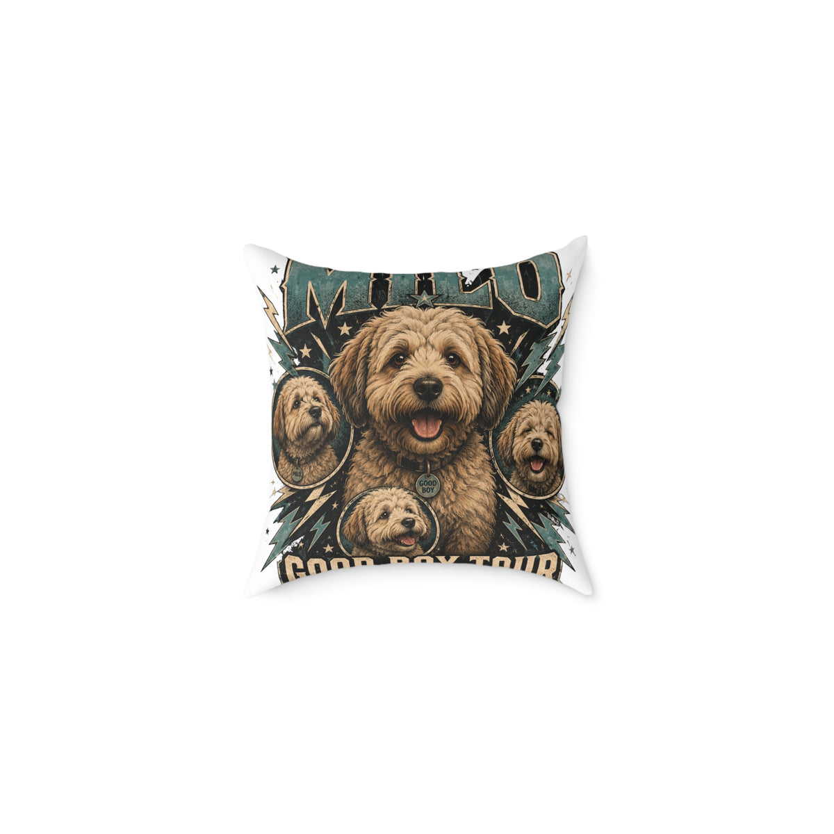 Milo Golden Doodle Band Tour Square Pillow  Milo Bailey Dog Dad Mom— Retro Dog Portrait Decorative Throw
