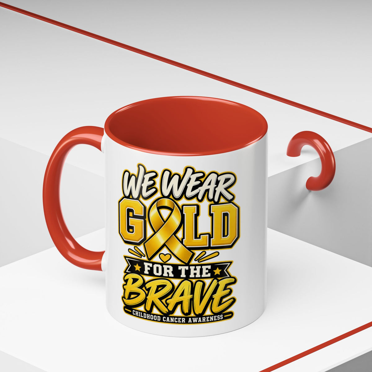 Childhood Cancer Awareness Accent Coffee Mug – "We Wear Gold for the Brave" (11/15 oz)