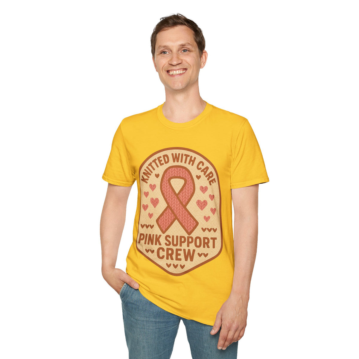 Pink Support Crew Knitted With Care Shield Badge T-Shirt, Breast Cancer Awareness Tee - Trending Now - September 2026