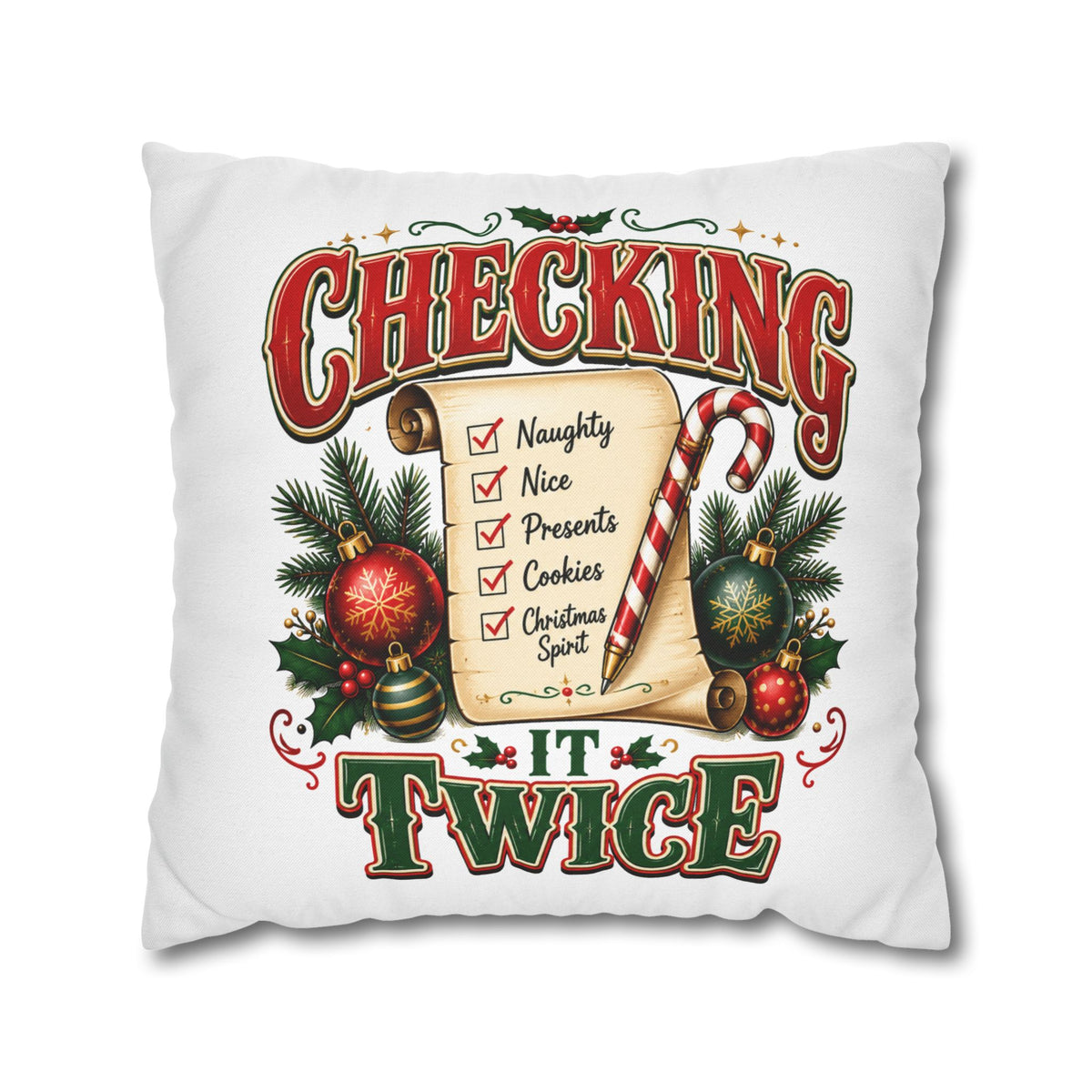 Checking It Twice Christmas Pillowcase — Festive Holiday Checklist Throw Pillow Cover