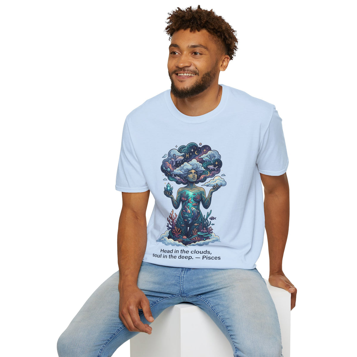 Pisces Zodiac in the Clouds T-Shirt — Dreamy Cosmic Woman Graphic Tee