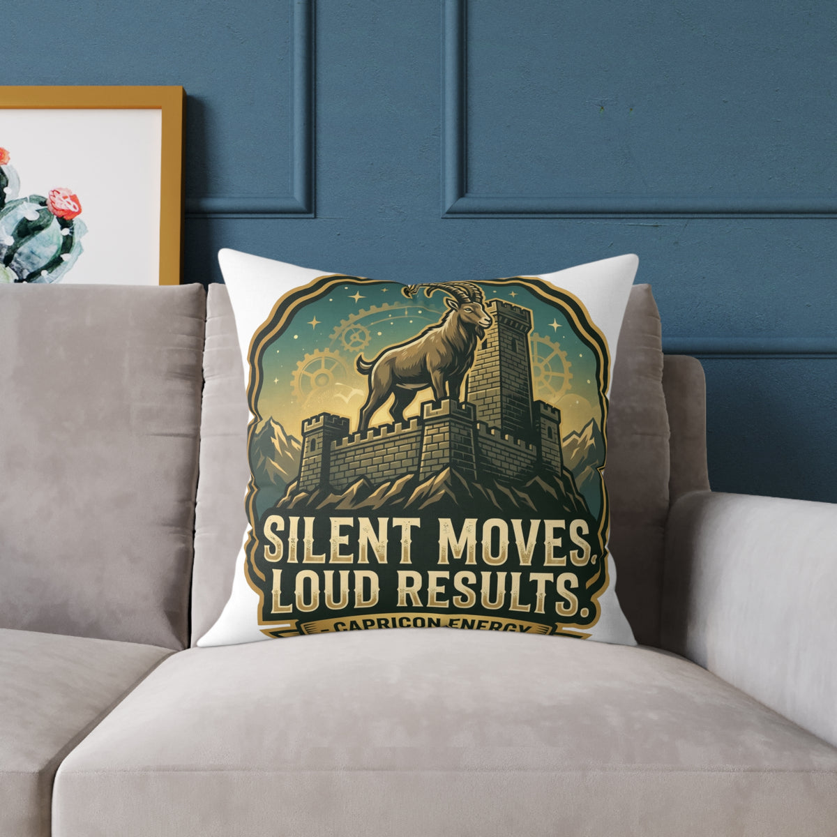 Capricorn Pillow — "Silent Moves, Loud Results" Square Throw Pillow