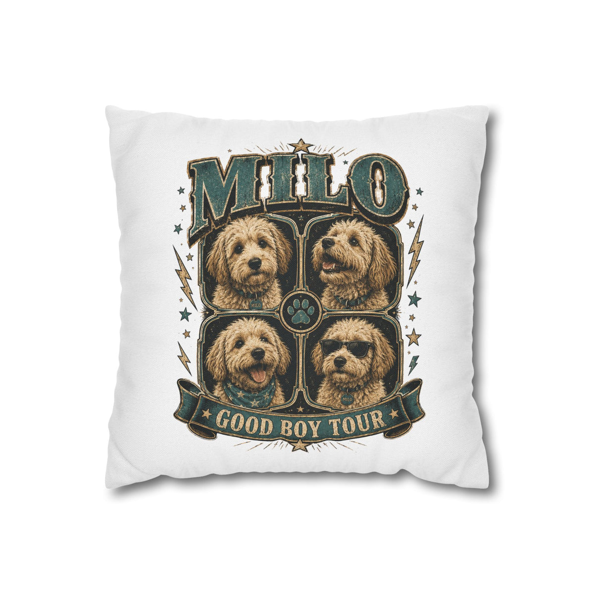 Milo "Good Boy Tour" Decorative Pillowcase — Dog Band Tour Poster Throw Pillowcase Milo Bailey Dog Dad Mom
