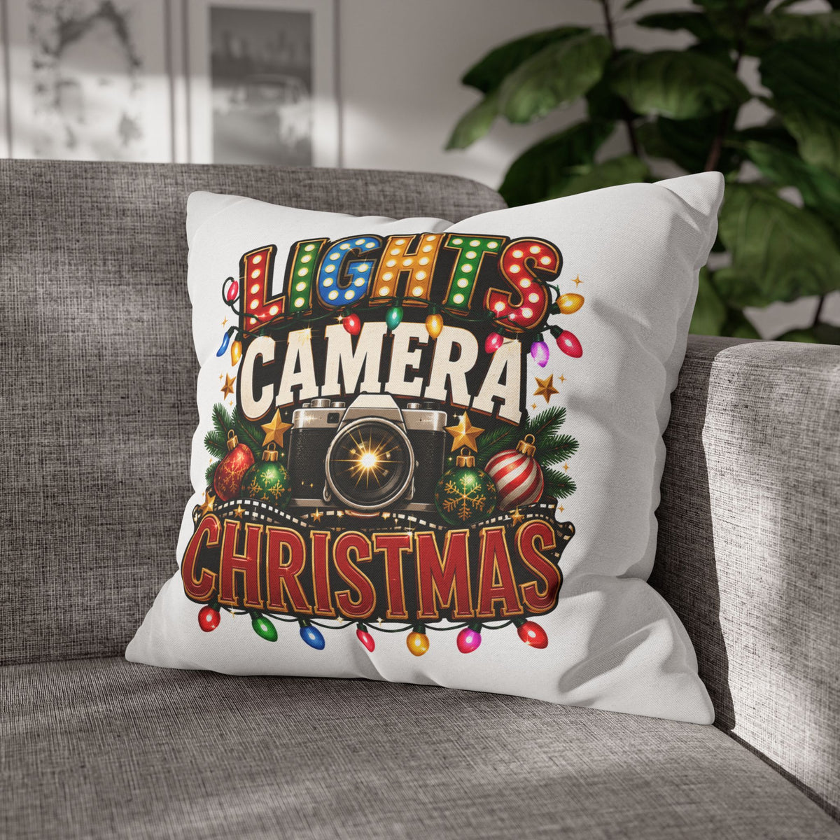 Christmas Photographer Pillowcase – “Lights Camera Christmas” Decorative Throw Pillow