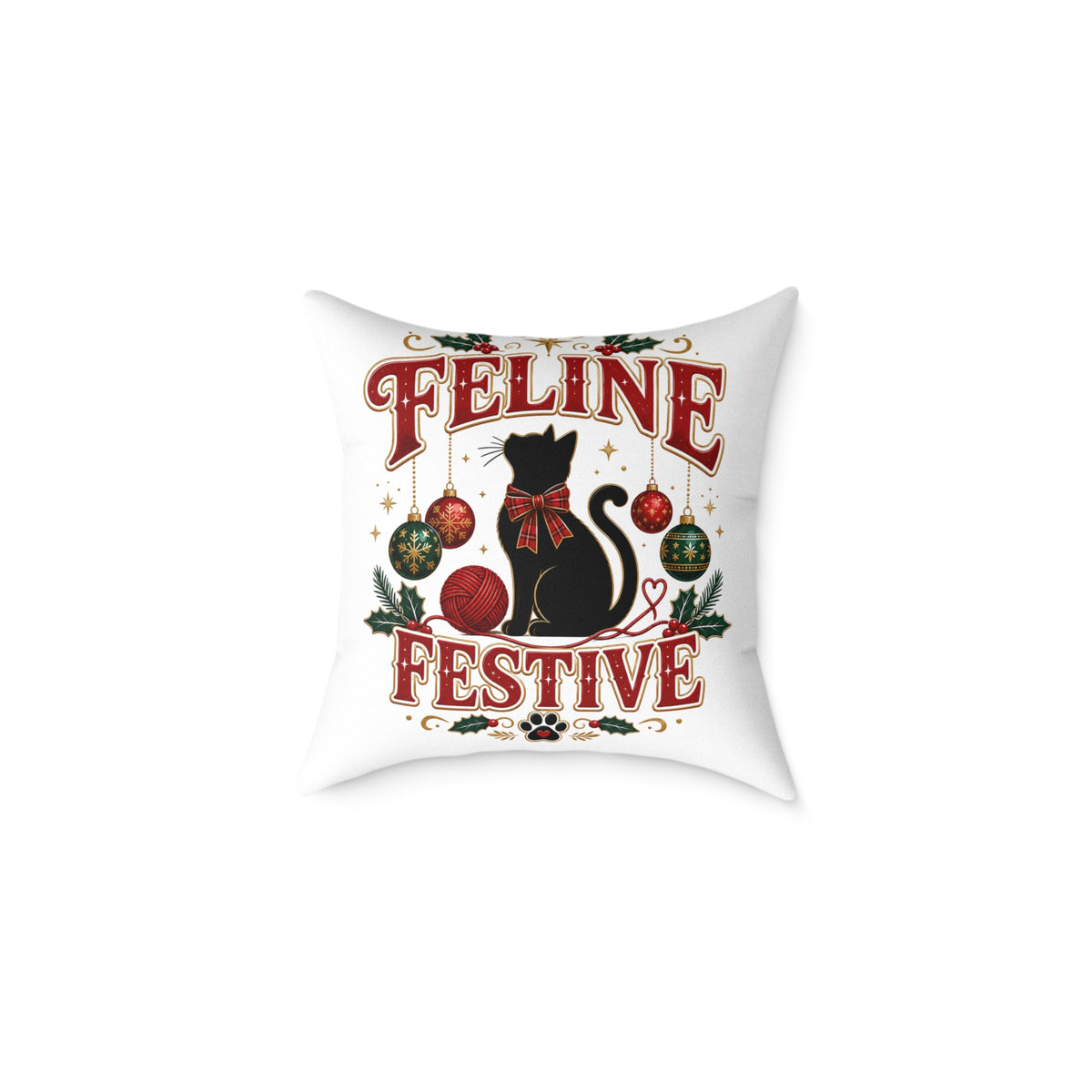 Christmas Feline Festive Square Pillow - Holiday Cat Decor