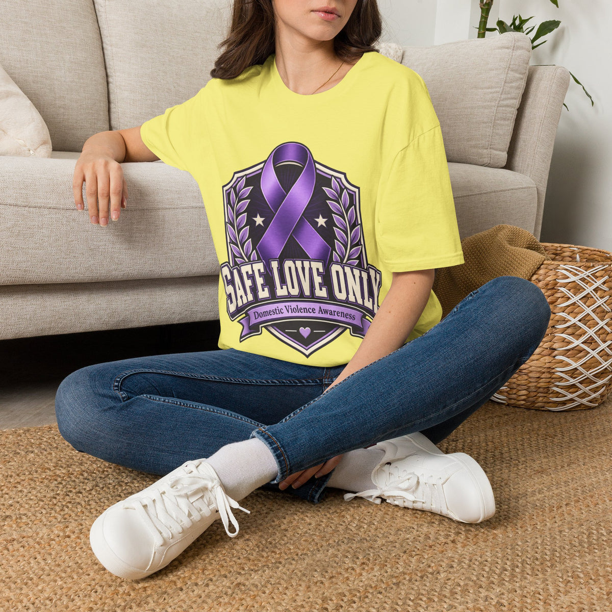 Domestic Violence Awareness T-Shirt — "Safe Love Only" Purple Ribbon Tee