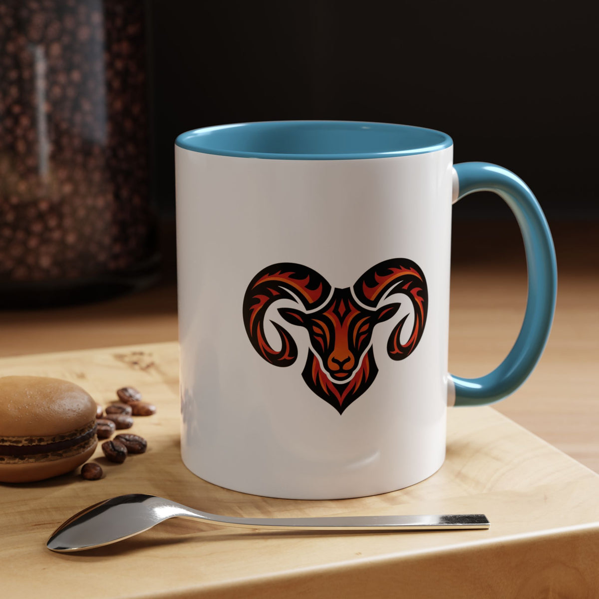 Aries Zodiac Ram Logo Accent Coffee Mug — Bold Tribal Ram Head Design