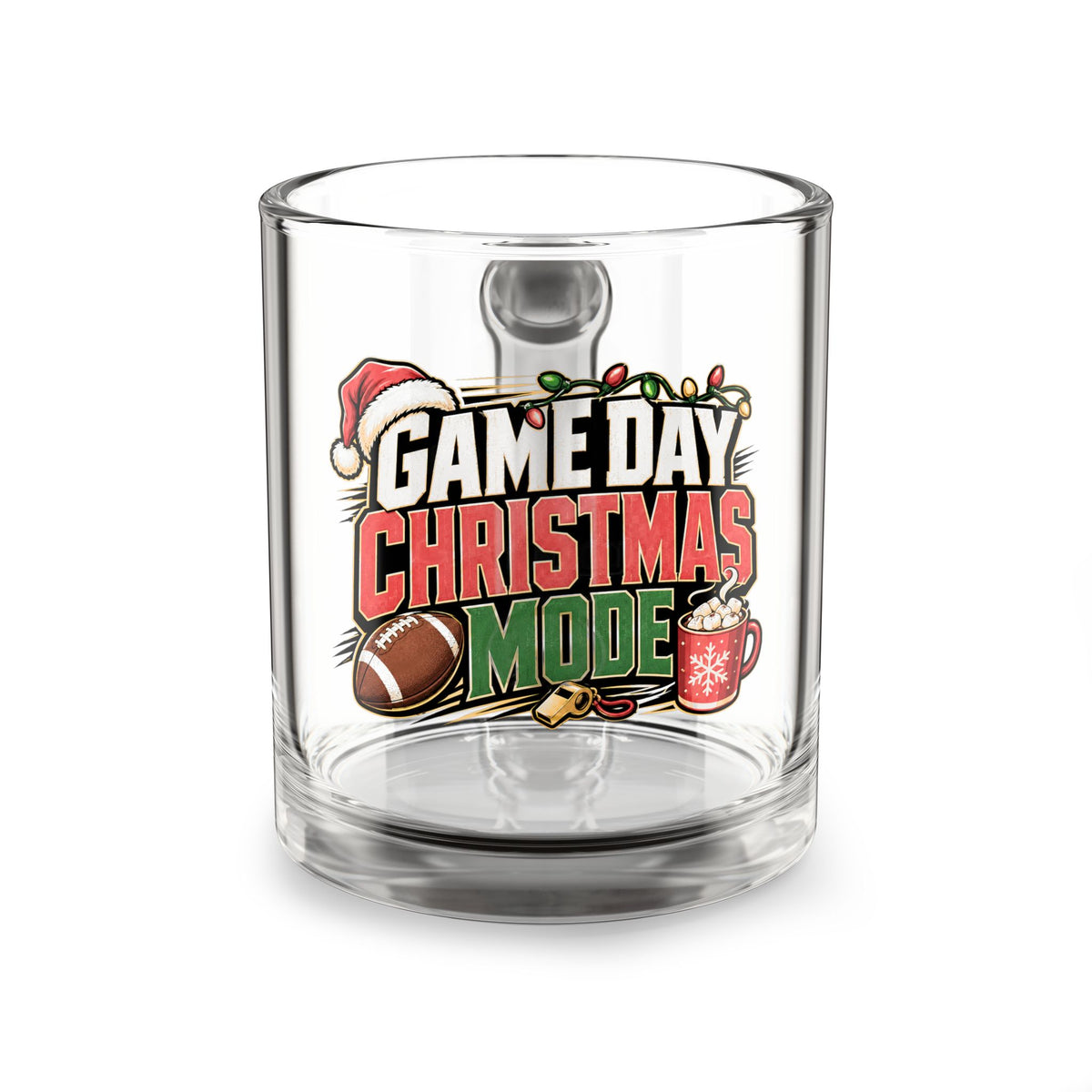 Modern Day Christmas Glass Mug  10oz Glass Mug — Game Day Christmas Mode Holiday Football Coffee Cup
