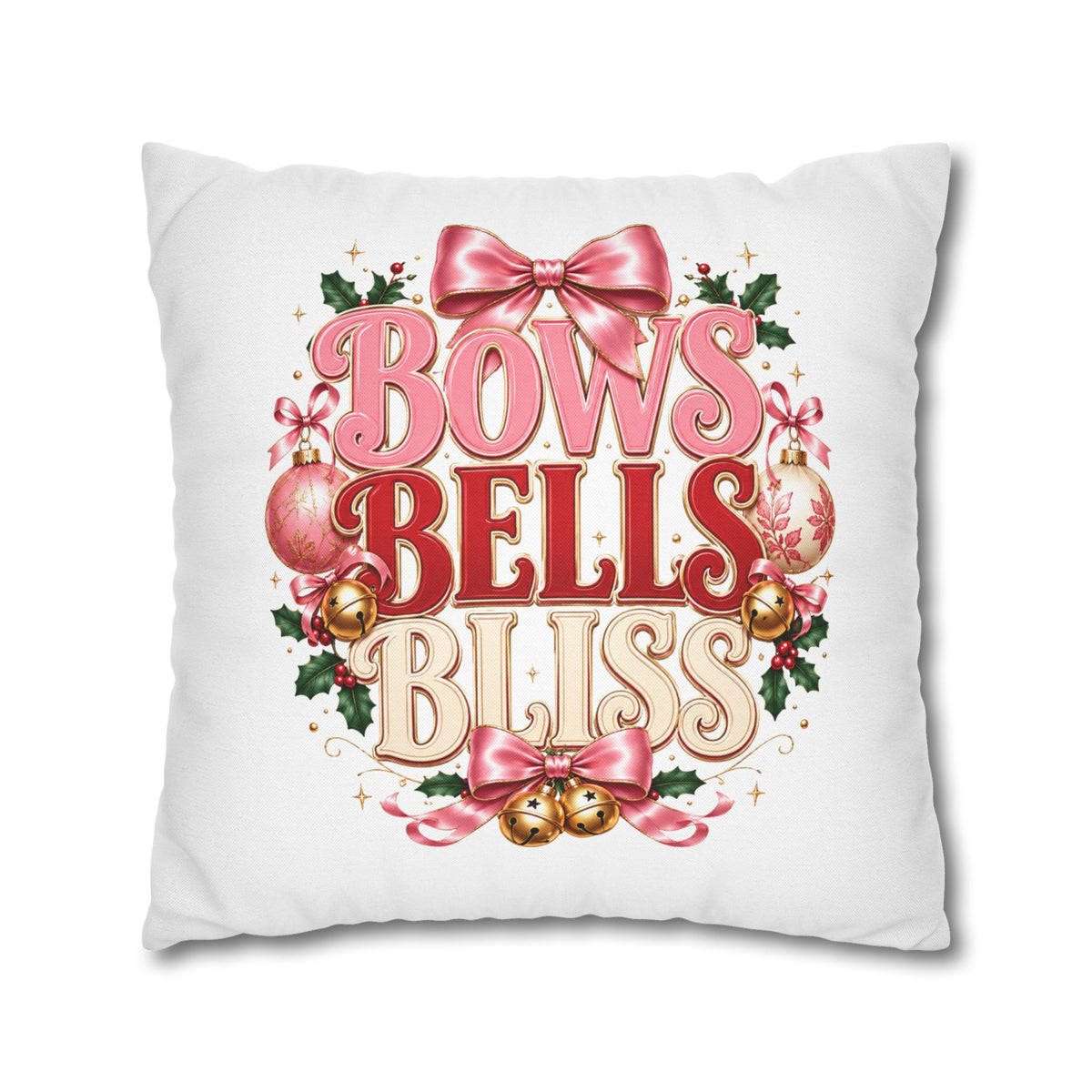 Christmas Decorative Pillowcase — "Bows Bells Bliss" Pink Holiday Throw Pillowcase