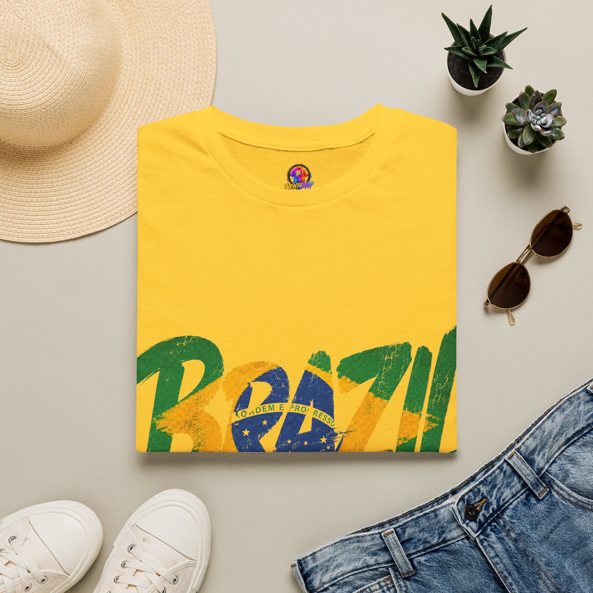 Brazil Flag Graphic T-Shirt — Bold Brazil Script with National Flag Motif