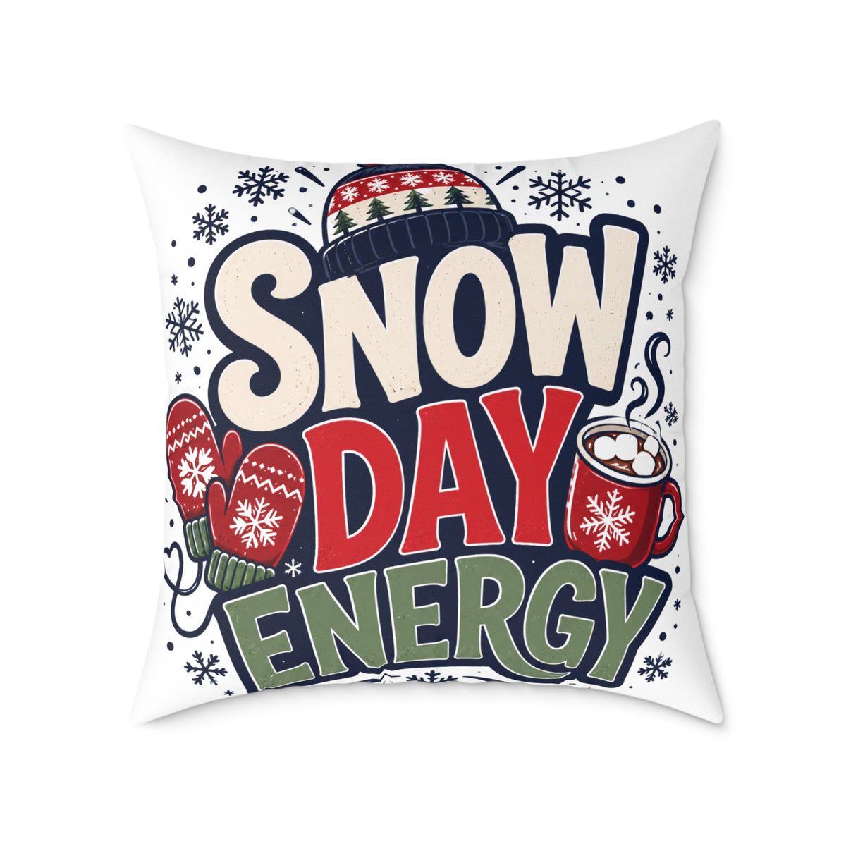 Christmas Snow Day Energy Pillow — Cozy Winter Decorative Throw Pillow with Holiday Mug & Mittens Design