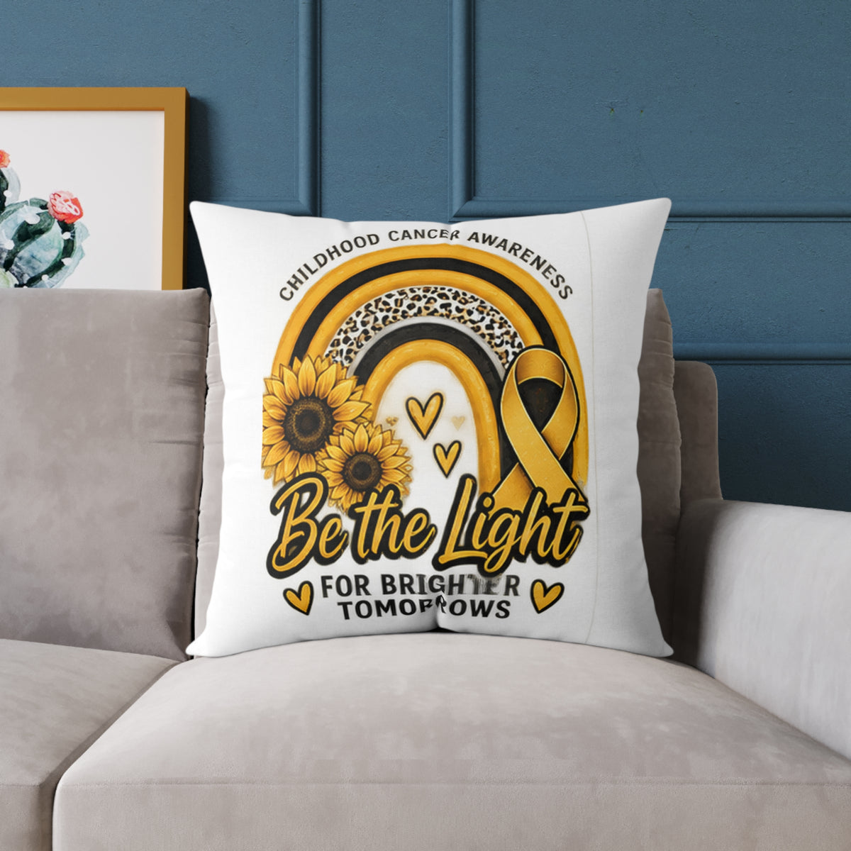 Childhood Cancer Awareness Pillow — “Be the Light for Brighter Tomorrows” Square Throw Pillow