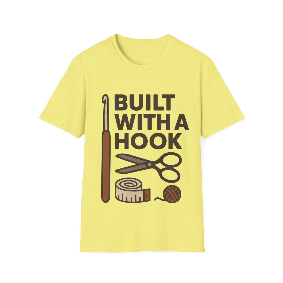 "Built With A Hook" Funny Crochet Graphic Tee - Minimalist Yarn Maker Crafting White T-Shirt - Trending Now - September 2026