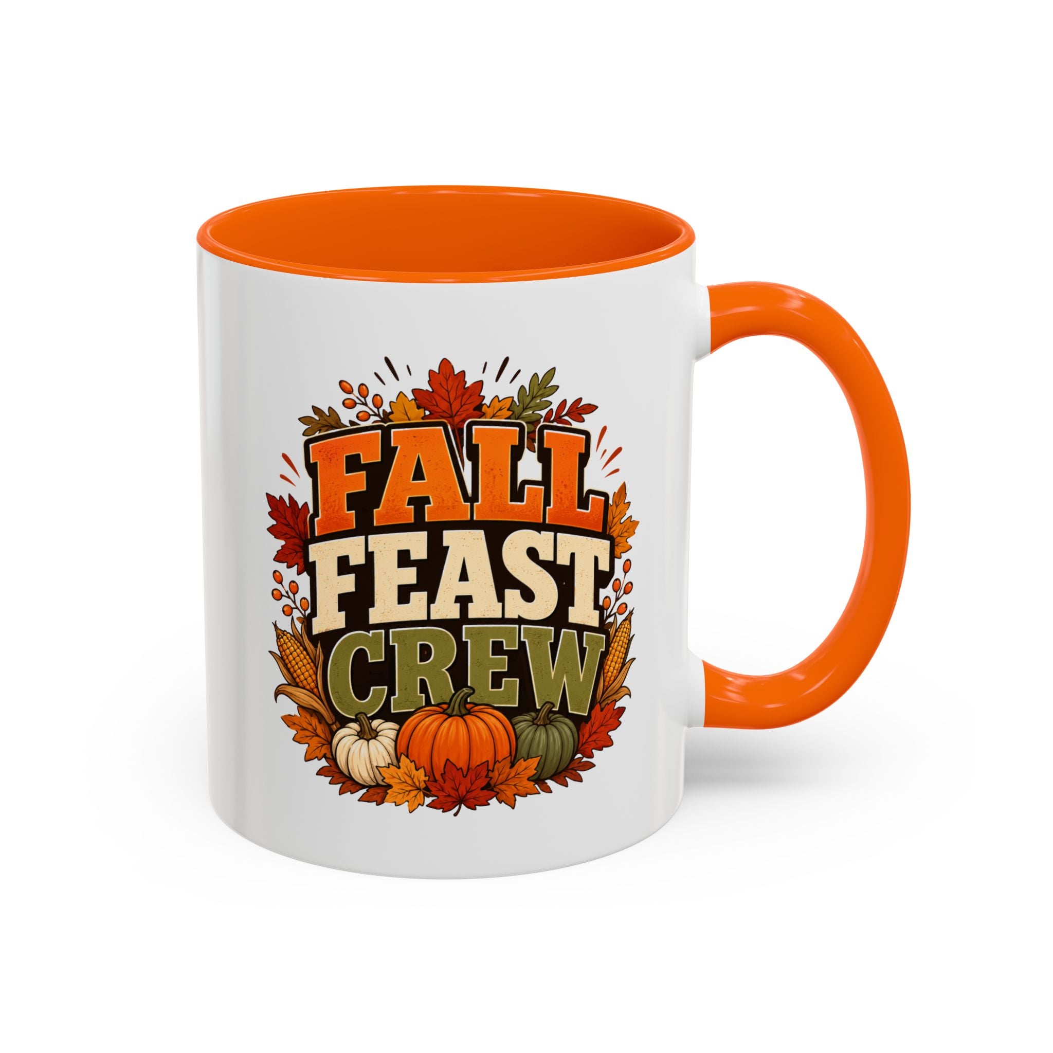 Thanksgiving Mug Fall Feast Crew Coffee Mug — Thanksgiving Pumpkin Autumn Leaves Accent Mug