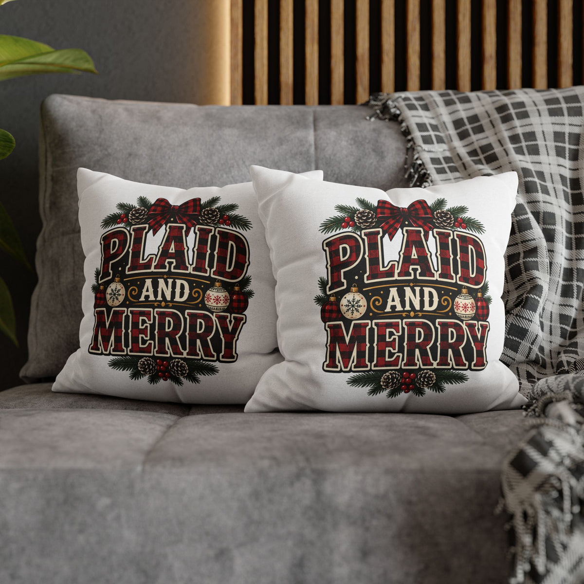 Plaid and Merry Christmas Throw Pillowcase — Festive Buffalo Plaid Holiday Decor
