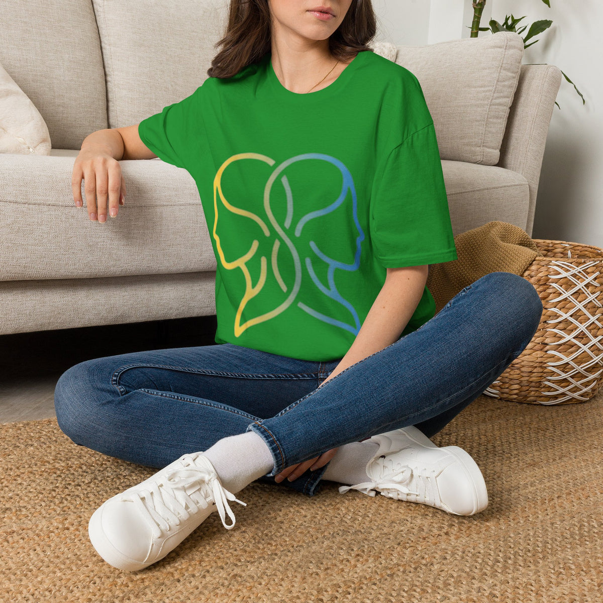 Twin Profile Line Art T‑Shirt — Gradient Sisterhood Outline Tee