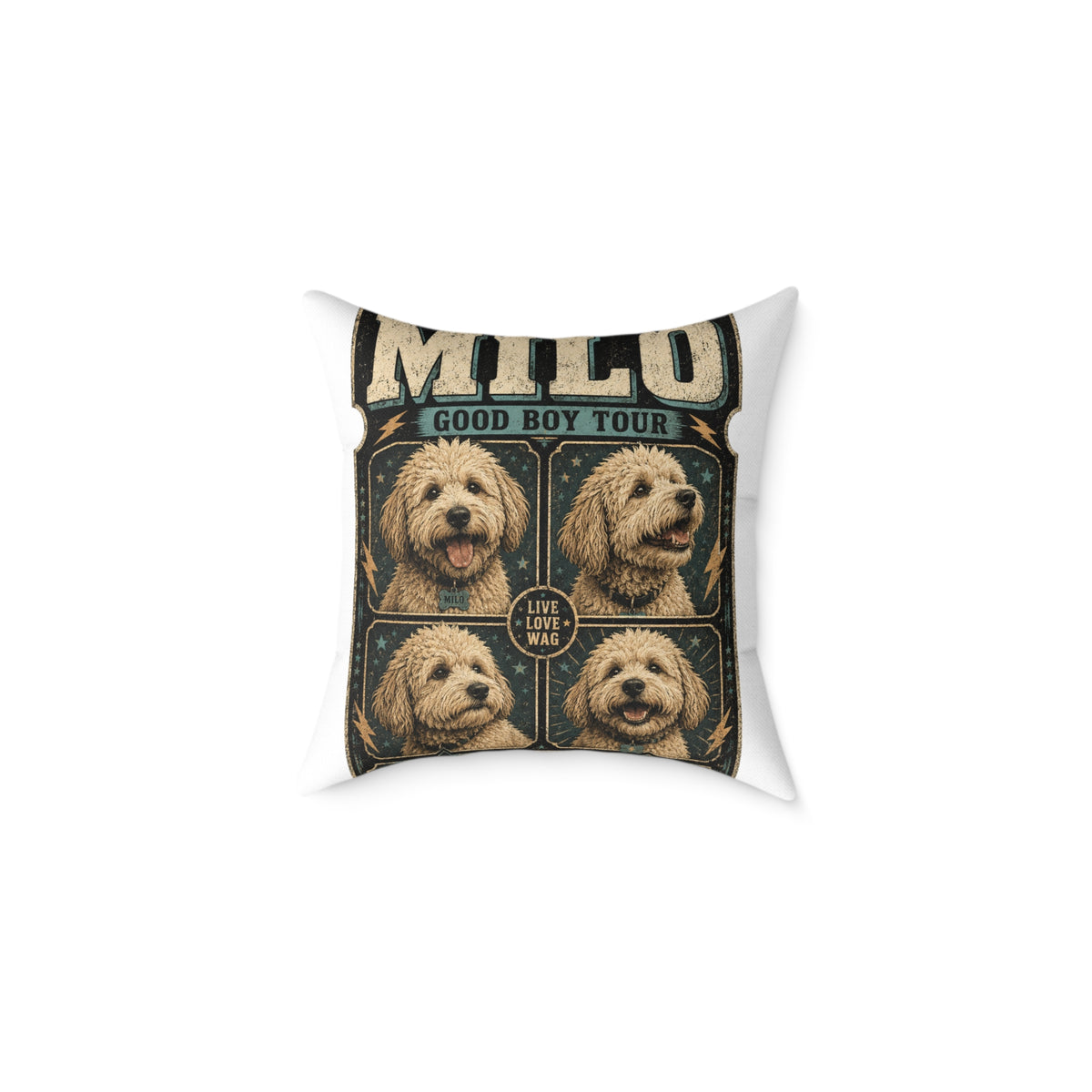 Milo "Good Boy Tour" Dog Photo Square Pillow  Milo Bailey Dog Dad Mom — Cute Pet Portrait Throw Pillow
