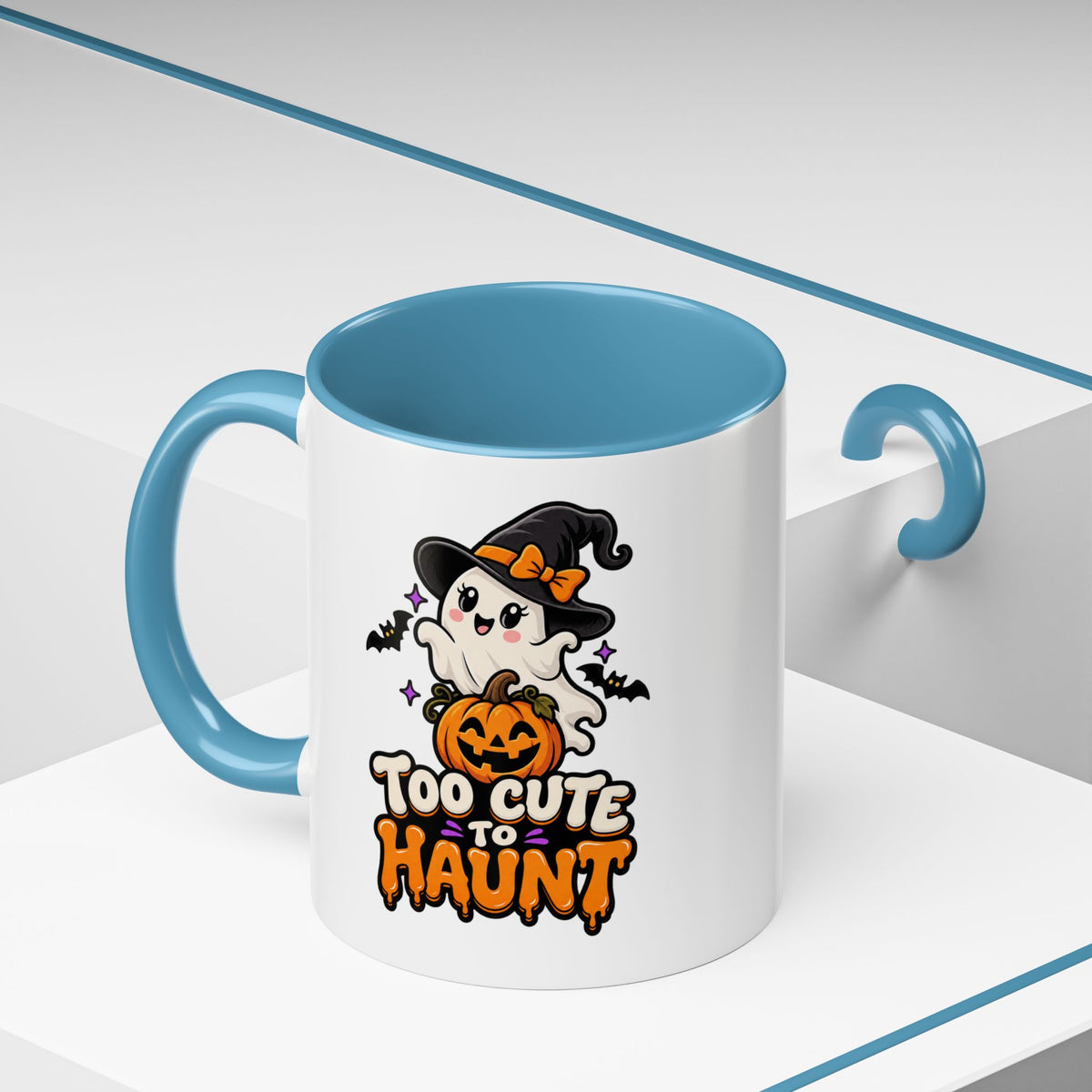 Halloween Coffee Mug - 'Too Cute to Haunt' Ghost Pumpkin Accent Mug