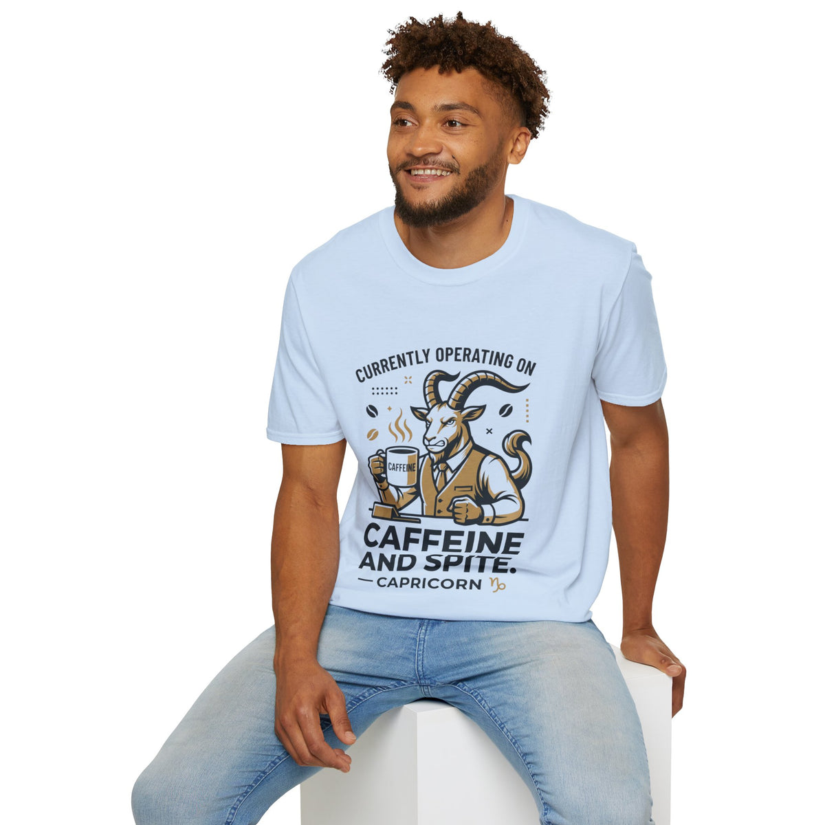 Capricorn T-Shirt — "Currently Operating on Caffeine and Spite" Zodiac Goat Tee