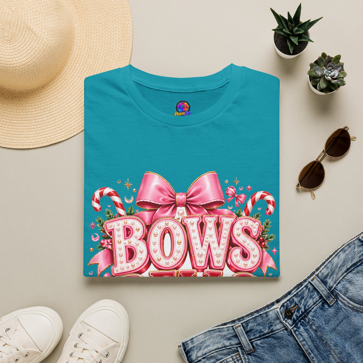 Bows Bells Bliss Christmas T‑Shirt — Pink Holiday Bow Graphic