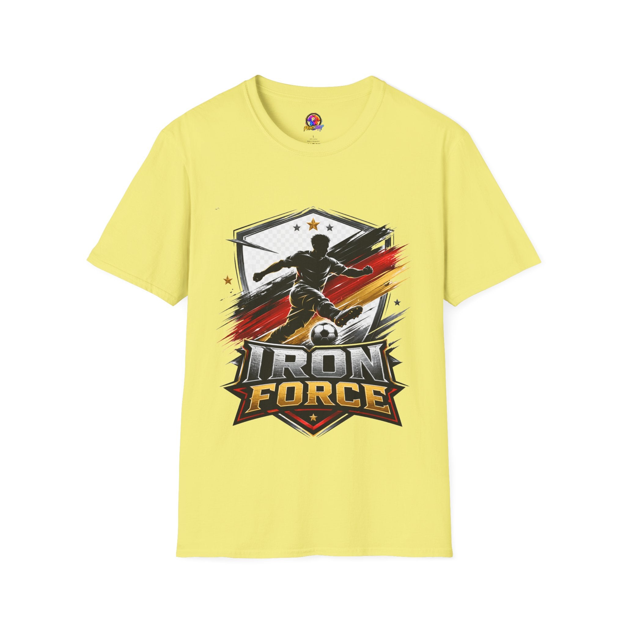 Germany Soccer 'Iron Force' Graphic T-Shirt — Player Silhouette with Red & Gold Brushstroke Emblem