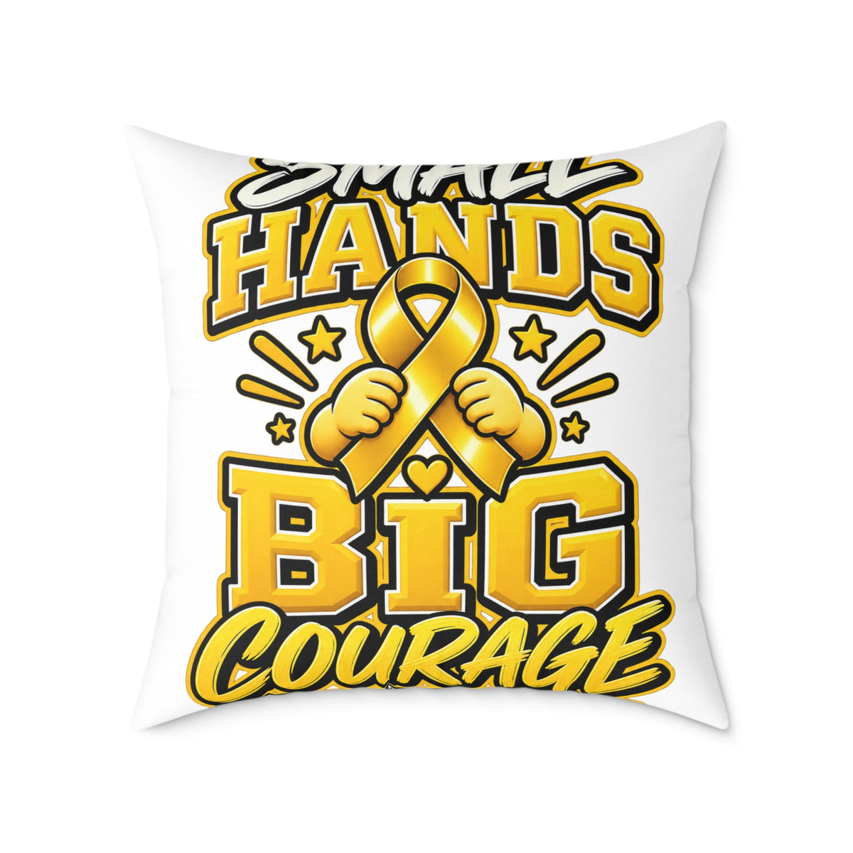 Square Pillow — "Small Hands Big Courage" Gold Ribbon Awareness Throw Pillow
