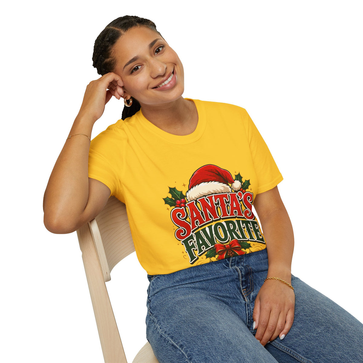 Santa's Favorite T-Shirt — Festive Christmas Tee with Santa Hat & Holly